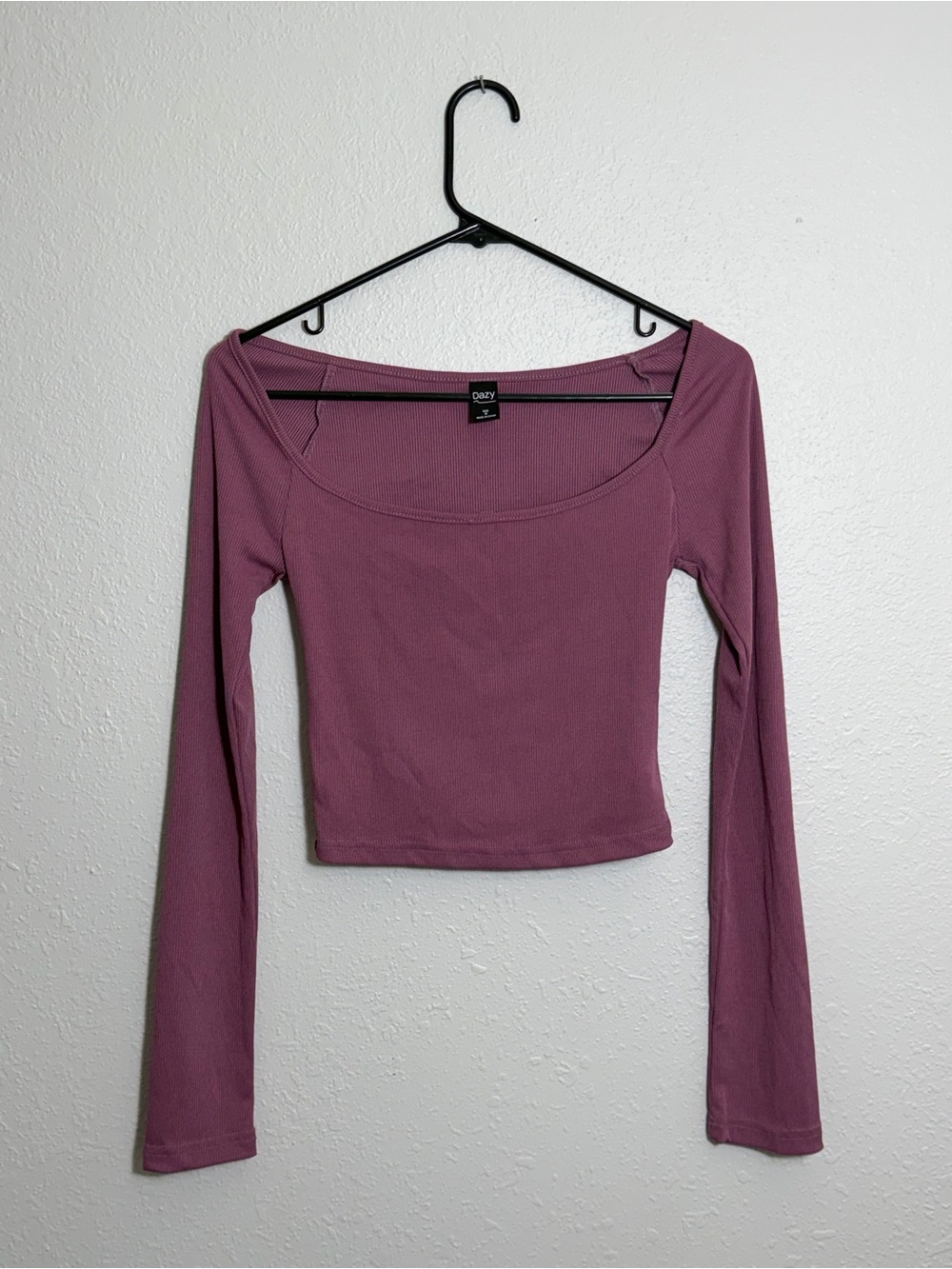 Dazy Mauve Swuare-Neck Ribbed Long-Sleeve Crop Top